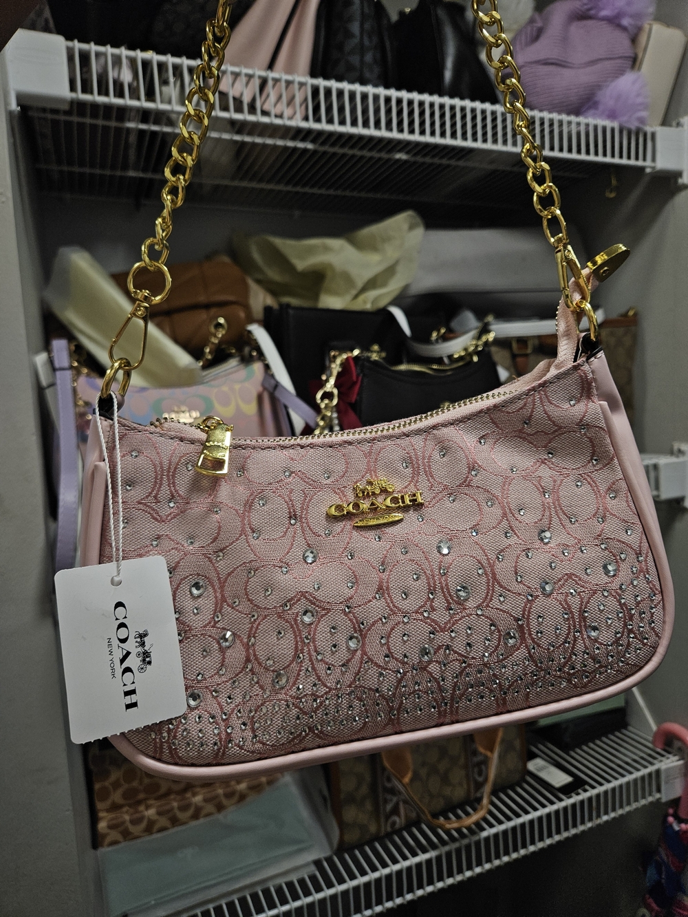 Coach Crystal Logo-Print Chain Shoulder Bag in Pale Pink